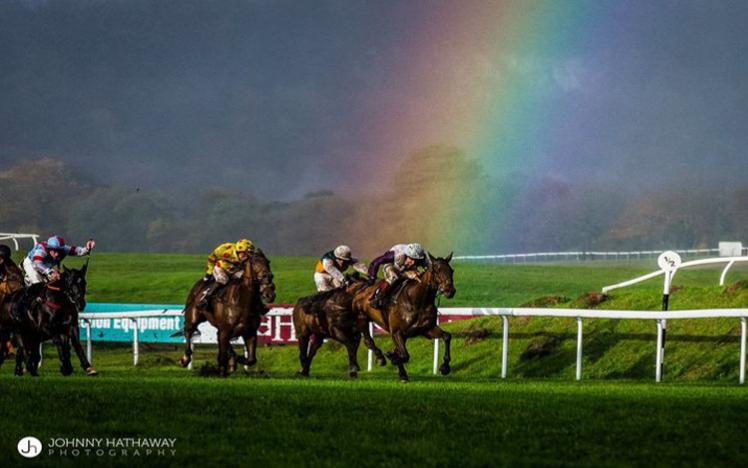 Horses racing with a rainbow in the background